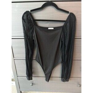 Pink Lily Black Long-Sleeve Ribbed Bodysuit with Lace Mesh Sleeves size M